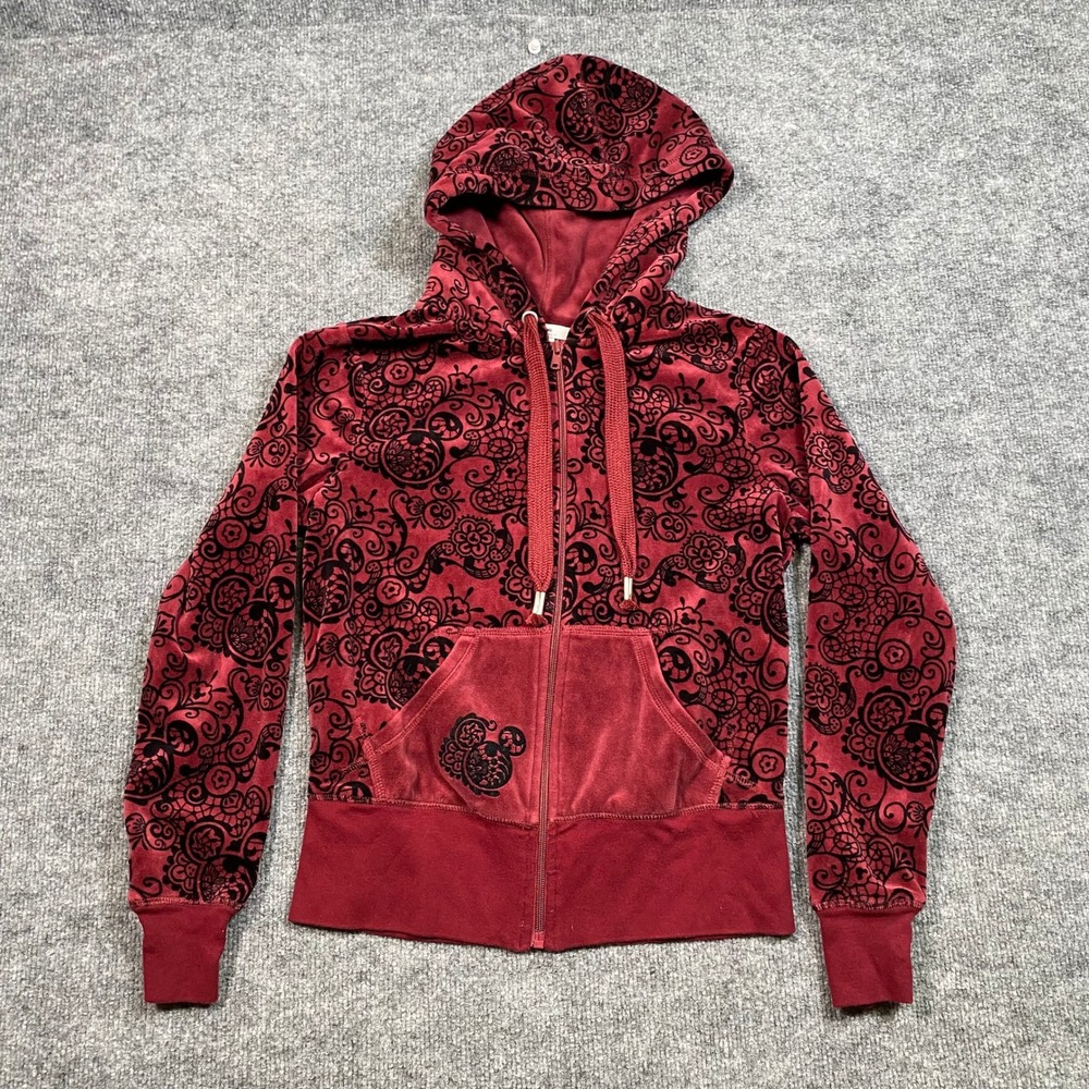 Disney Parks Womens S Velour Zip Hoodie Burgundy Black Damask Mickey Filigree
